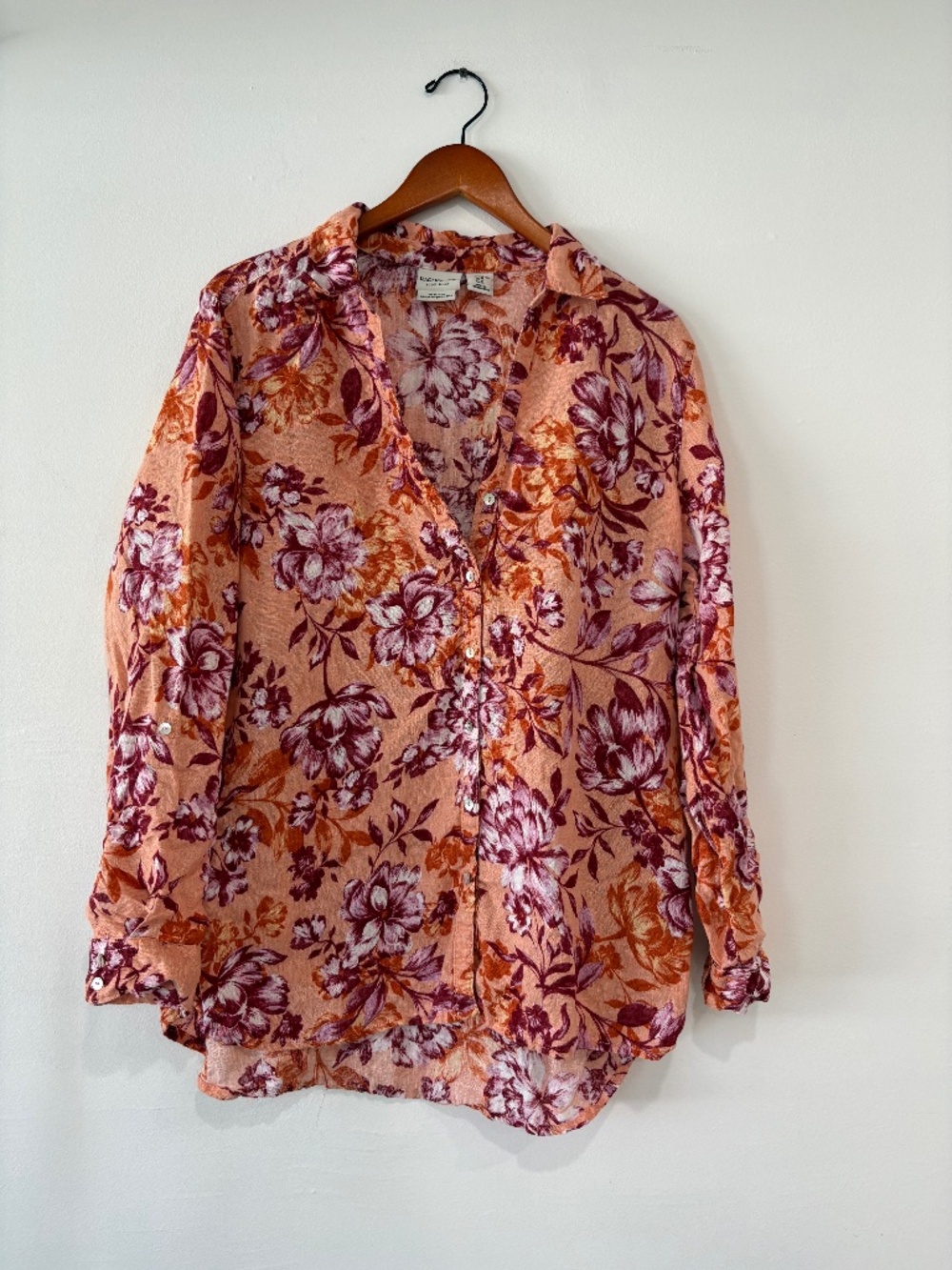 Rachel Zoe 100% Linen Floral Button Front Blouse Peach Purple XL
